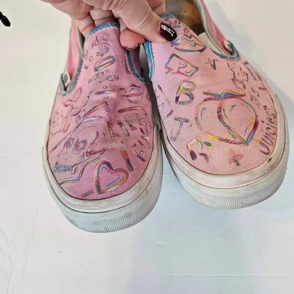 Vans Classic Slip On Shoe Sneaker Hand Painted Upcycle Light Pink‎ Women's 6.5